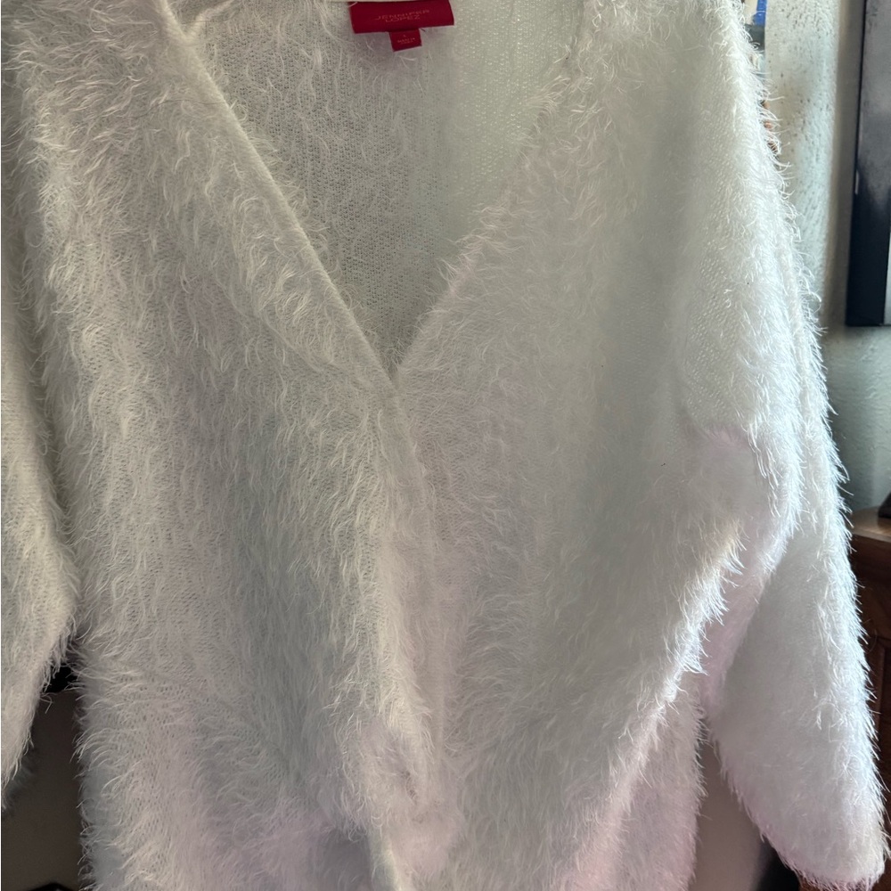 Jennifer Lopez Fuzzy White V-Neck Sweater